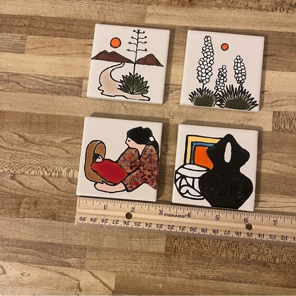 Hand Painted Art Tile Coasters Glazed Trivet With Wood Holder - Picture 5 of 8